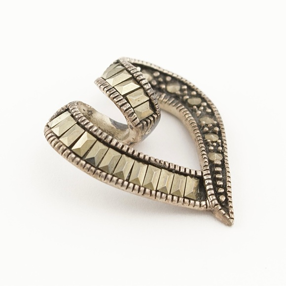 Vintage Sterling Silver Marcasite Open Heart Necklace Pendant - Picture 2 of 5